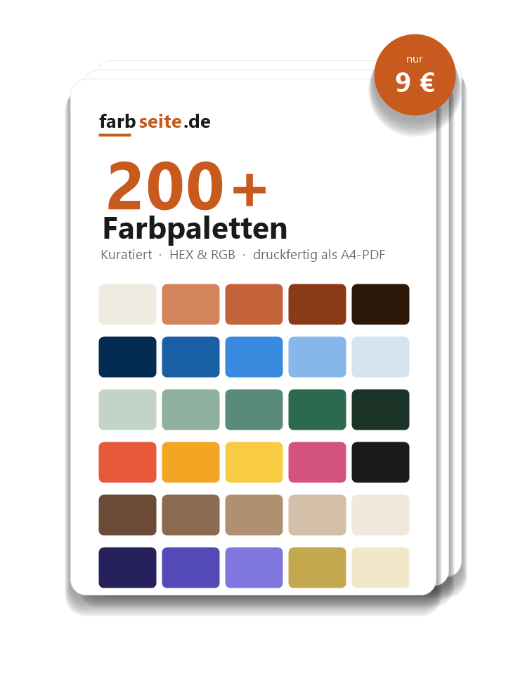 Vorschau des farbseite.de Farbpaletten-PDFs – über 200 kuratierte Paletten mit HEX- und RGB-Codes, druckfertig als A4-PDF